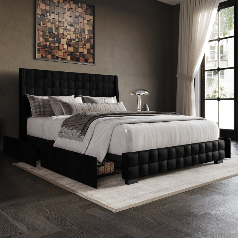 Dyisha Upholstered Unfinished Wingback Storage Bed, Black, Full / Double