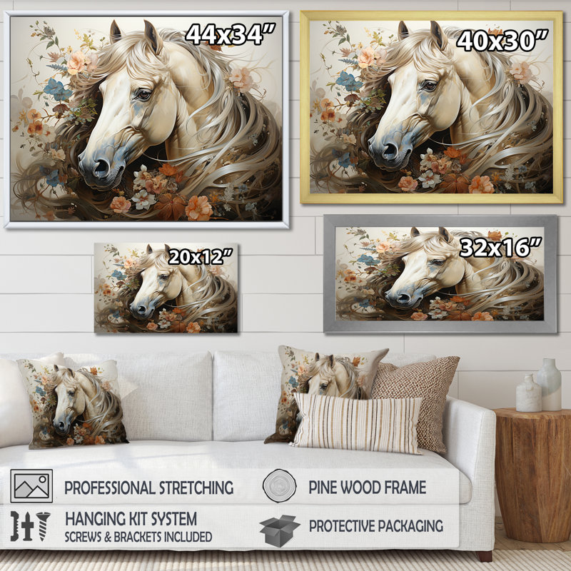 «Blooming Horse symbolism I» - art mural cheval, Toile tendue, H 24 po x l 32 po x P 1 po