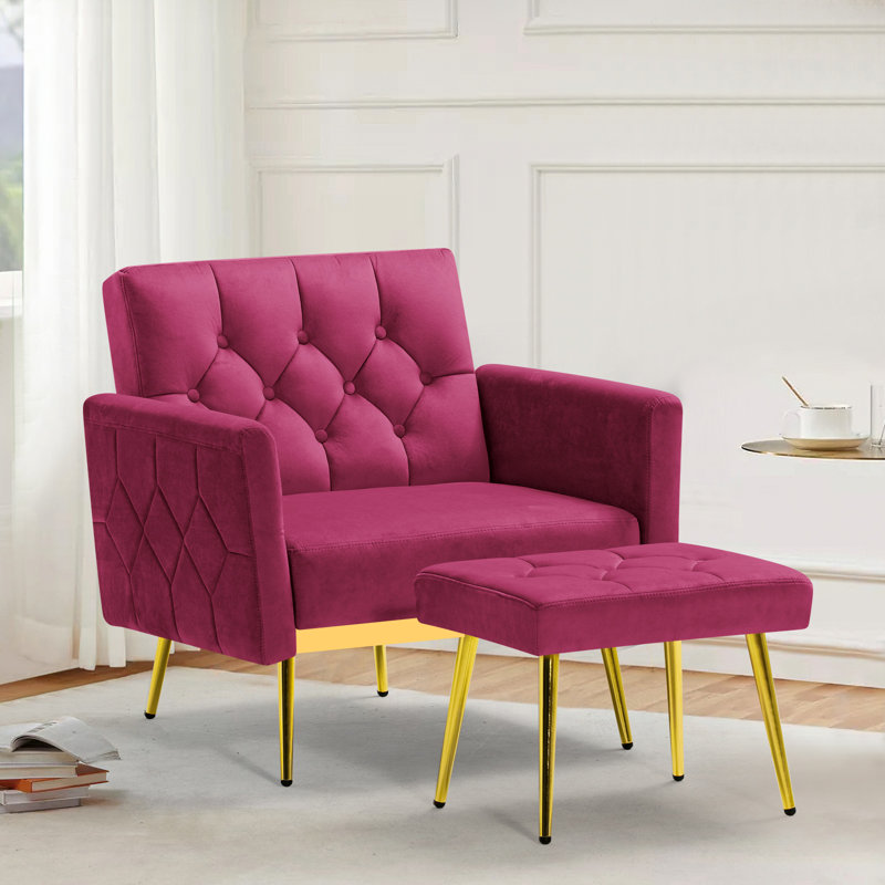 Zianny Velvet Accent Chair with Ottoman, Fushia Velvet