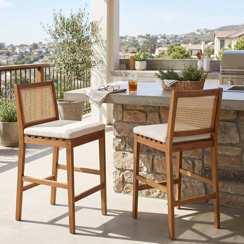 Tabourets de bar en bois d'acacia durable avec dossier tissé et coussin pour le confort du patio, 2