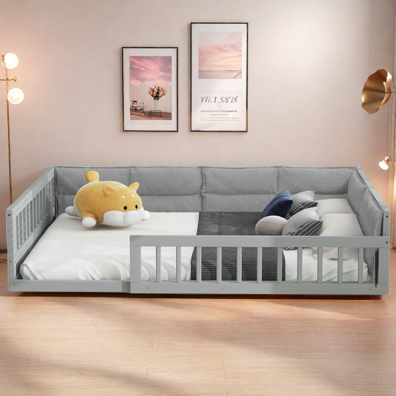 Lit plateforme tapissier moderne avec garde-corps et coussin, Gris