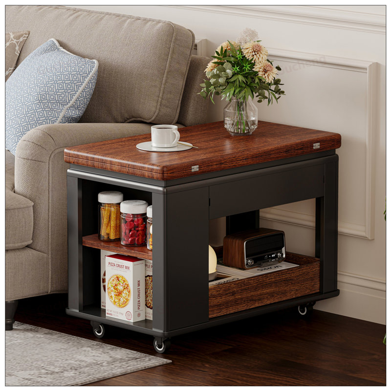Table basse moderne et multifonctionnelle 27,6 pouces avec plateau pliable et roulettes, rangement à plusieurs niveaux, Noir