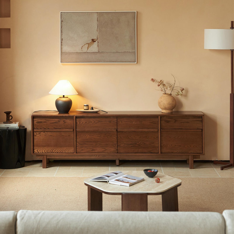 Meuble télé moderne en bois massif avec armoires de rangement et tiroirs, Brown Oak