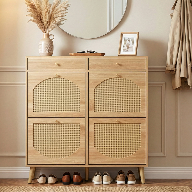 Armoire de rangement à chaussures en rotin avec tiroir, H 43,3 po x l 41,3 po x P 9,5 po, Brun