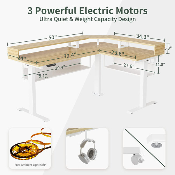 FEZIBO 63 Triple Motor L Shaped Standing Desk with LED Strip & Power  Outlets, Height Adjustable Stand up Corner Gaming Desk with Ergonomic  Monitor