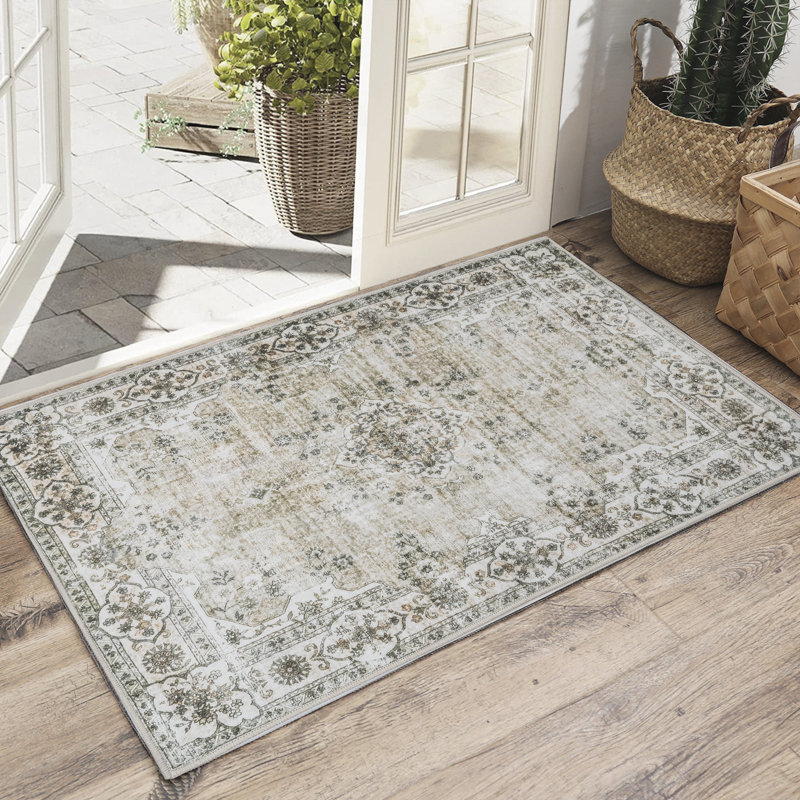 Tapis oriental lavable à la machine Royalton en vert / beige / crème, Rectangulaire 3 pi x 5 pi