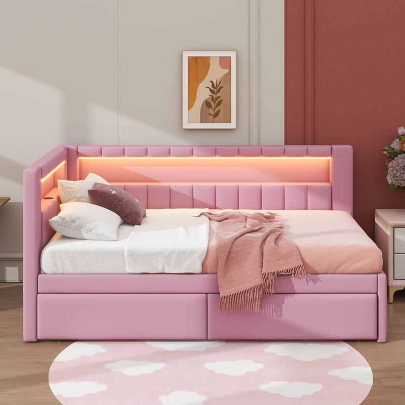 Lit plateforme entièrement rembourré avec ports USB, bande à DEL et lit gigogne, Simple, Rose