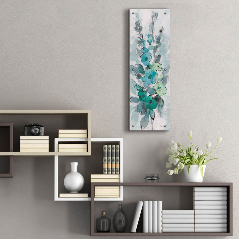 «Loose Bouquet Of Flowers 2 Blue Grey» par Silvia Vassileva, art mural en verre acrylique, 12 po x 36 po