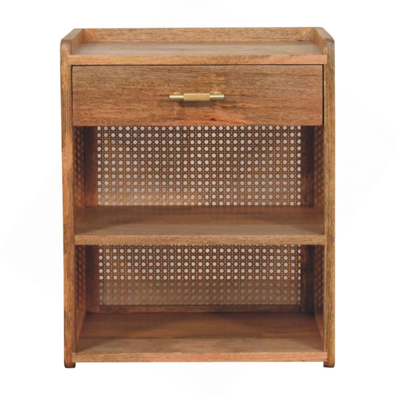Wood Larissa T-Bar Bedside, 1-Drawer, 2 Open-Slots, Light Brown