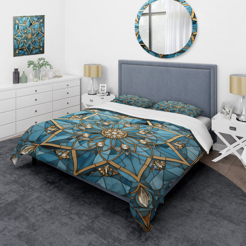 Ensemble de housse de couette bleu et or, Housse de couette pour lit simple + 1 taie décora