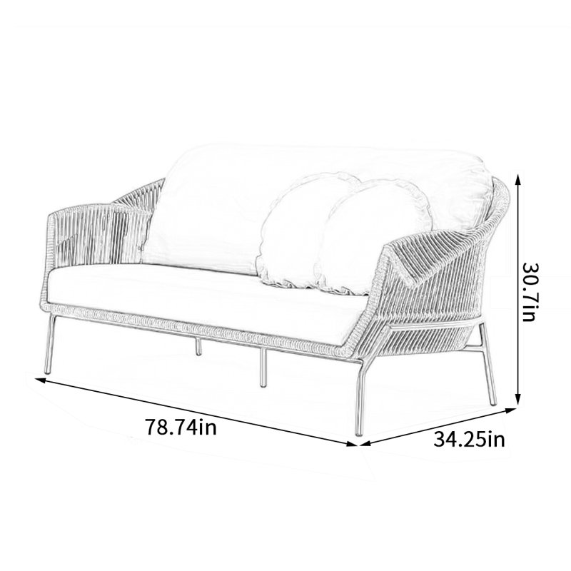 Simple Outdoor Waterproof Cordwork Sofa 78.74'' Wide Rectangle Metal Patio Sofa with Cushions