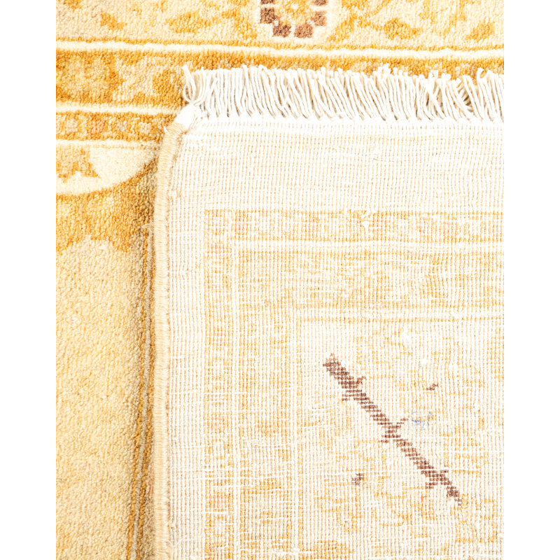 Ivory and Beige Hand-Knotted Wool Runner Rug with Floral Motif