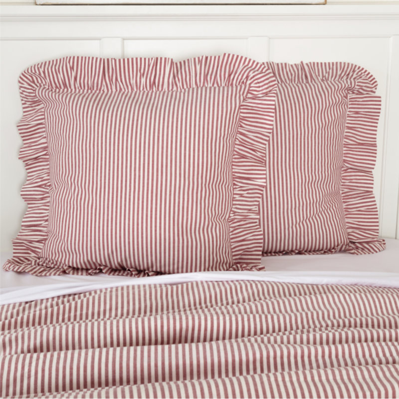 Farmhouse Ticking Red Fabric Euro Sham, Red Striped 1