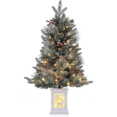3ft Snow Flocked Pre-Lit Christmas Tree with 78 LED Lights, 8 Modes, Timer and White Pot Base, Tabletop Mini Xmas Tree