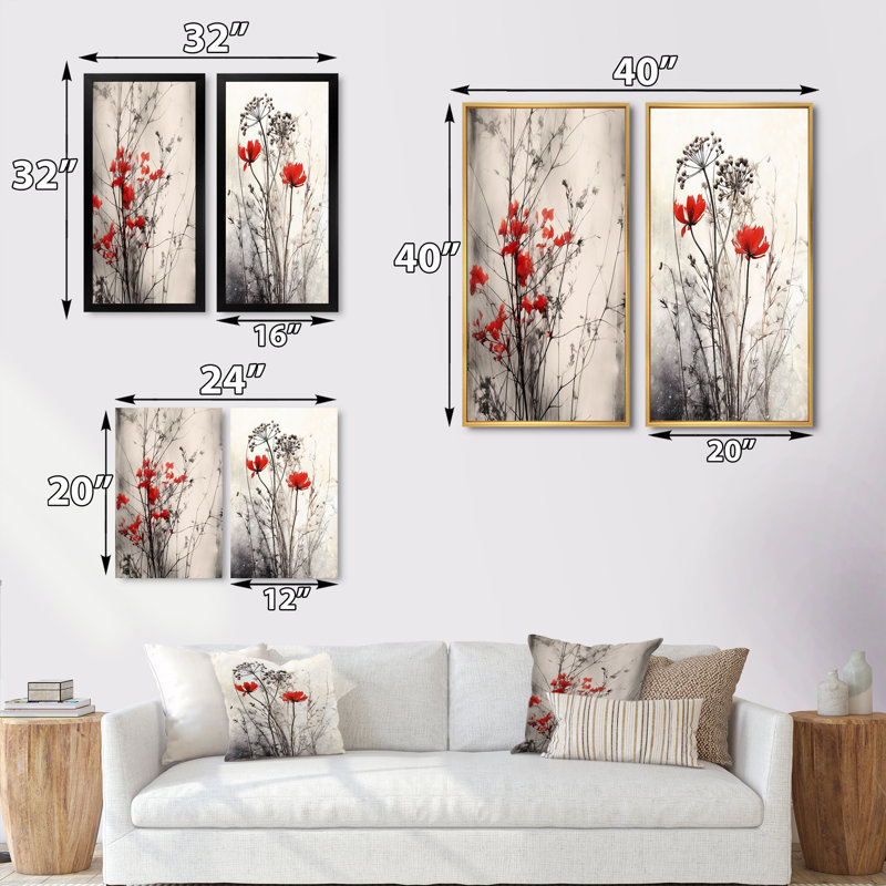 2 pièces sur toile - Red Gray Herb Garden, H 32 po x l 32 po, Encadrement doré