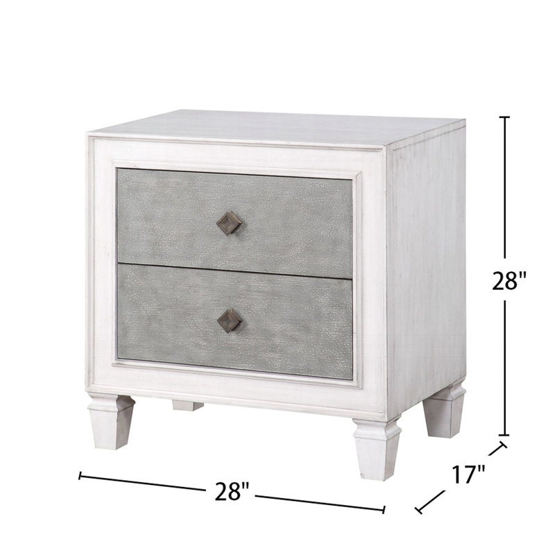 Panneau de particules + table de chevet pour la chambre à coucher - 2 tiroirs, finition gris rustique et blanc dans les tiroirs en bois