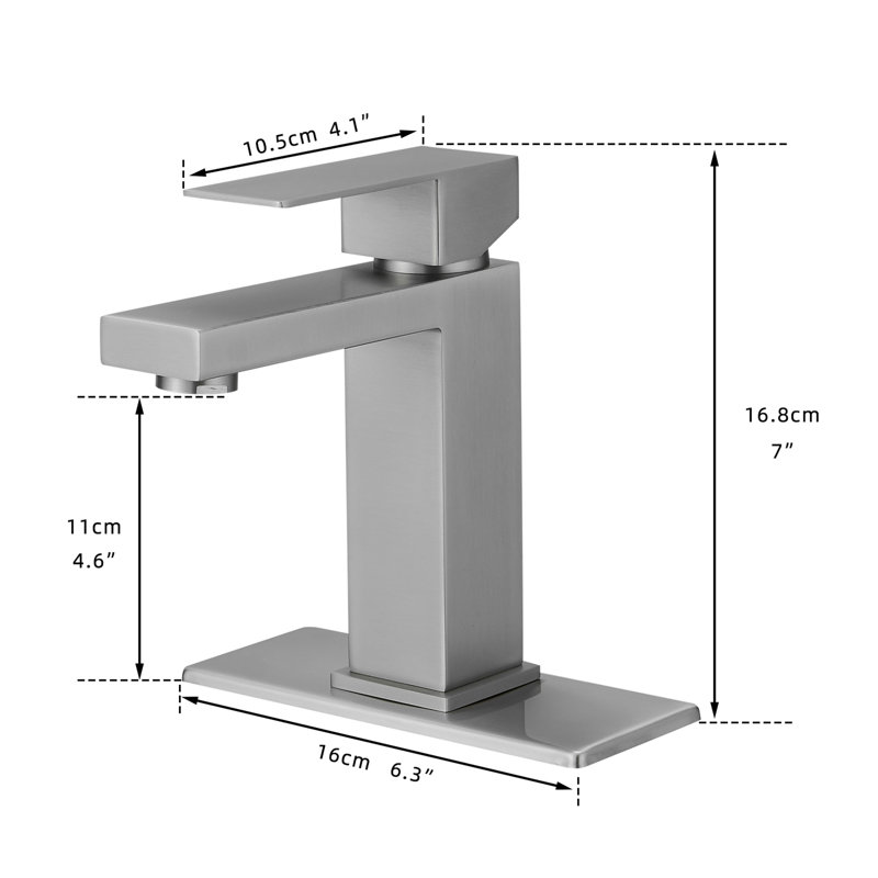 Robinet de salle de bain contemporain avec bec cascade, nickel brossé, fixation sur le comptoir, un trou, poignée, bonde escamotable, conduites d'alimentation, valve à cartouche, effet de robinet latéral, finition nickel, remplissage en céramique