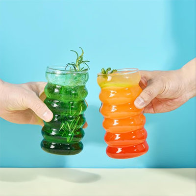 Ribbed Drinking Glass Cups with Straws Set of 4