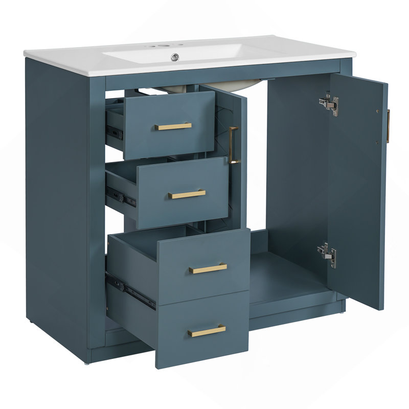 Ensemble de meuble-lavabo 36 po avec lavabo en céramique, meuble de rangement avec cadre, ensemble de meuble-lavabo autoportant avec 3 tiroirs et portes à fermeture douce