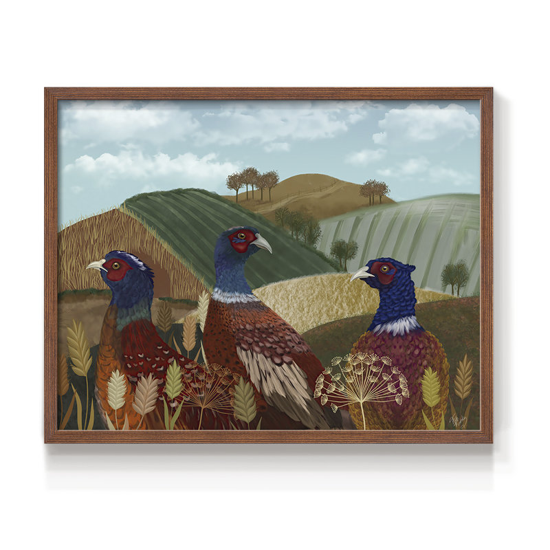 Trio de faisans dans un champ - Reproduction encadrée - Restickable, H 8 po x l 10 po, Noyer