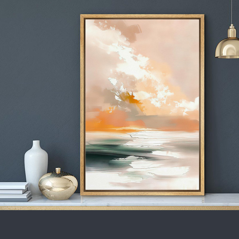 Motifs abstraits et colorés «Coucher de soleil serein sur l'océan, paysage paisible», H 24 po x l 16 po, Naturel