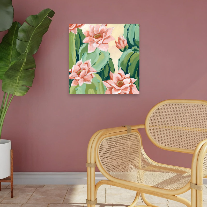 «Desert Blooms I», reproduction abstraite de fleurs de cactus contemporain, art mural, H 18 po x l 18 po