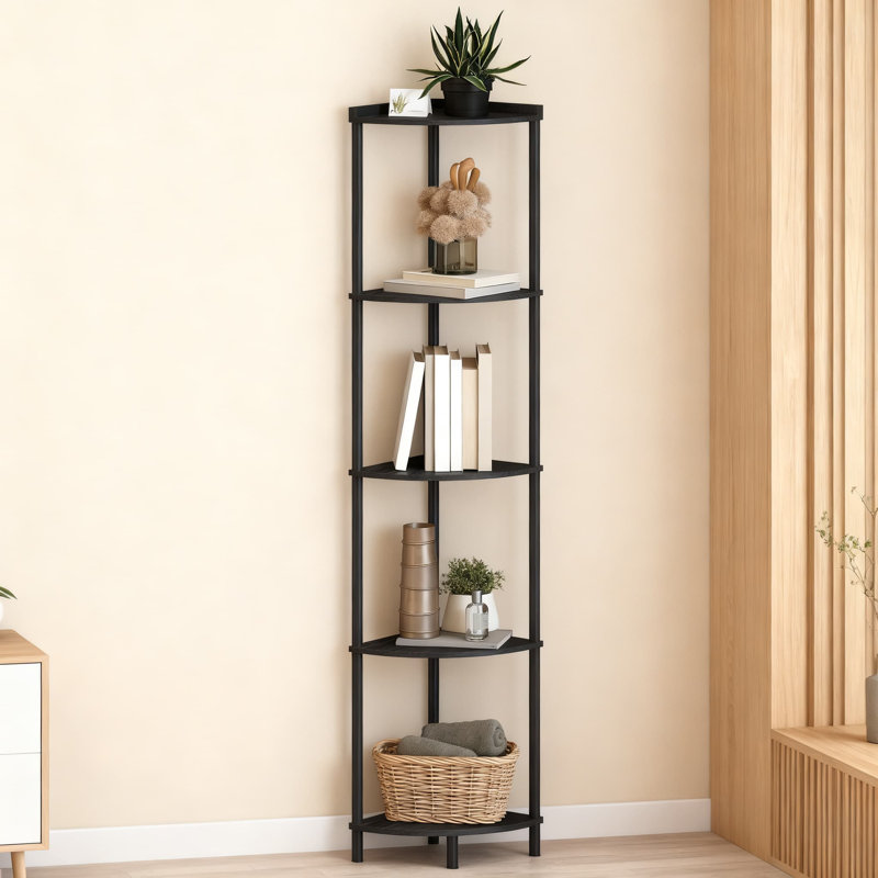 5-Tier Industrial Corner Shelf Stand, 65" Tall Display Organizer With Rustic Brown Finish For Living Room, Bedroom, And Small Spaces