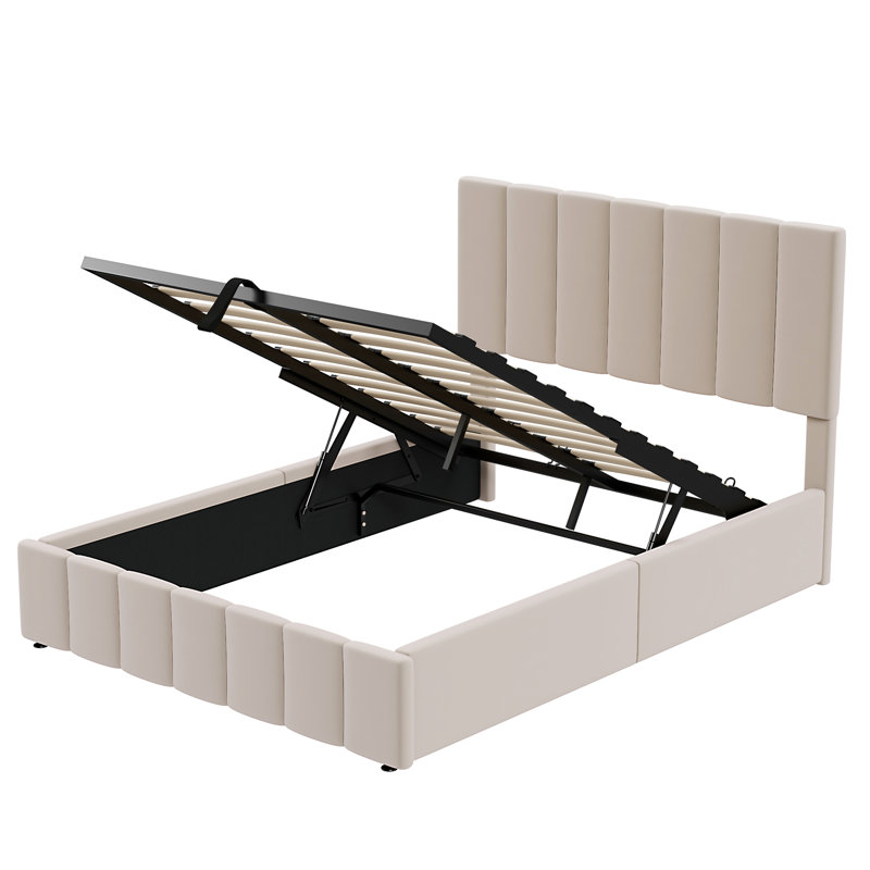 Lit de rangement hydraulique recouvert de tissu d'ameublement beige pleine grandeur avec capacité supplémentaire