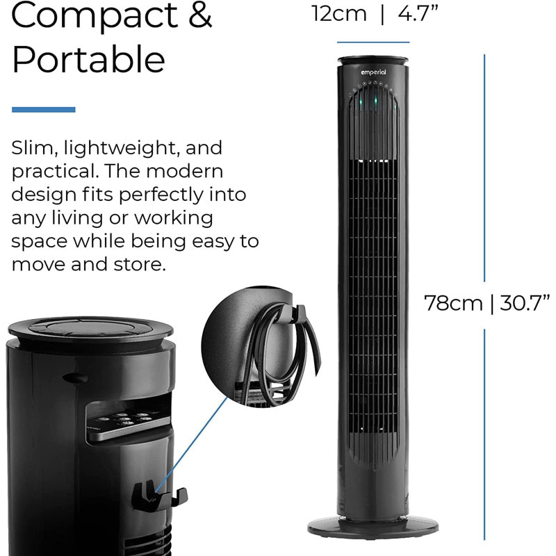 Emperial 31" Tower Fan with Remote Control - Oscillating Bladeless Cooling Fan, Portable 10 Hour Timer, 3 Modes & 3 Speeds - Black