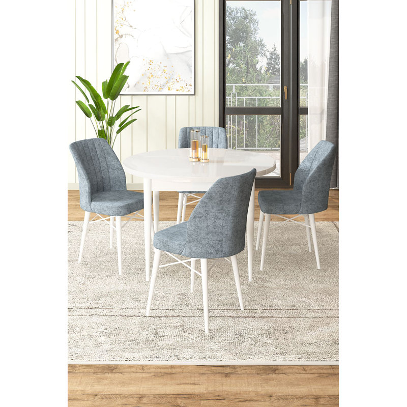 Ensemble de table et chaises de salle à manger moderne 5 pièces, blanc et gris, 35,4 x 29,5 x 35,4 pouces | Plateau en bois aggloméré 100% mélamine, pieds en bois et structure en métal | Tissu Jerry confortable, design scandinave pour des espaces de salle à manger élégants
