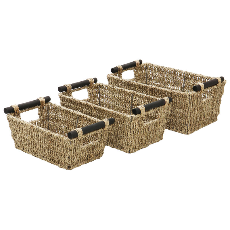 MantraRaj Seagrass General Basket Set 3 Storage Baskets with Wooden Handles