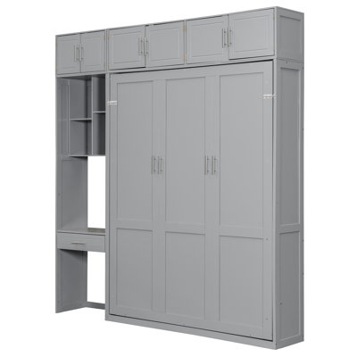 Queen Size Wall Bed In Gray, With Top Display Shelving, Integrated Side Shelves, And A Desk, Smart Space - Saving Cabinet, Storage Gray Color, Comfortable Solution