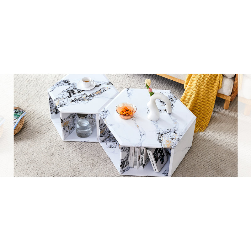 Fashionable Hexagonal Coffee Table - White Pattern, Storage Facility Included With Patterns Structure, Practical