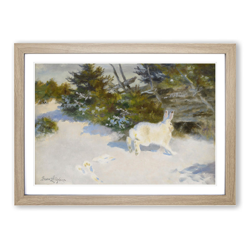 White Hare Vol.3 by Bruno Liljefors - Picture Frame Painting, 36cm H x 48cm W x 2cm D, Oak