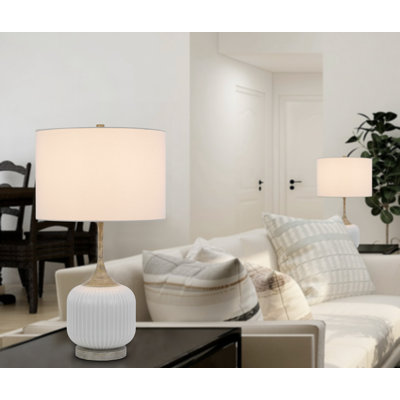 Myra Table Lamp Set of 2, Fluted Accent Glass Base, White Fabric Shade
