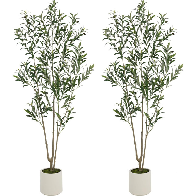 Faux olivier réaliste avec plante blanche Primrue, 2, H 96 po x l 10,6 po x P 10,6 po