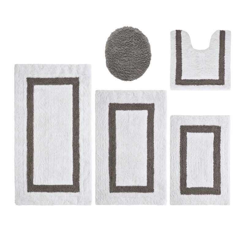 Ensemble de tapis de bain 5 pièces Makbul Premium 100% coton 2370 g / m², certifié OEKO-TEX®, tapis de salle de bain touffeté ultra moelleux, super absorbant, réversible, lavable à la machine, confort semblable au spa, blanc / gris