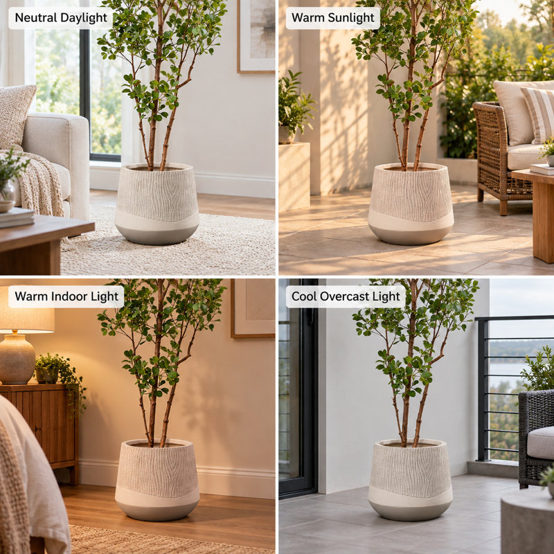 Round Tapered Planter, Two-Tone Wood Pattern Indoor Outdoor MgO Planter with Drainage Hole, 10.60" H x 12.40" W x 12.40" D