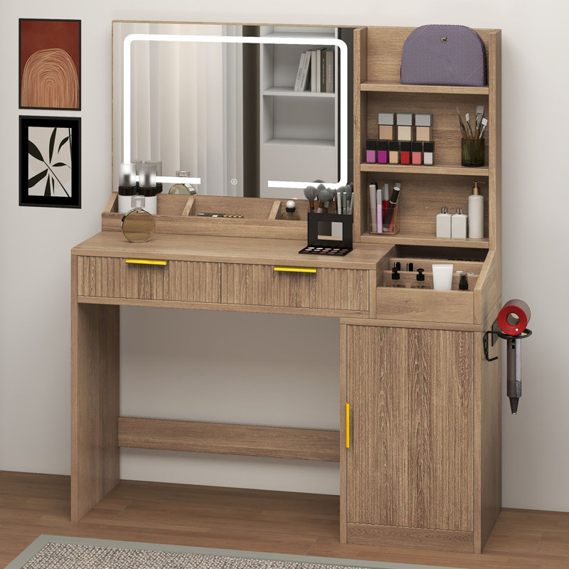  Bureau de coiffeuse 39,7 po avec grand miroir éclairé, 2 tiroirs, tablettes et station de charge, Noir
