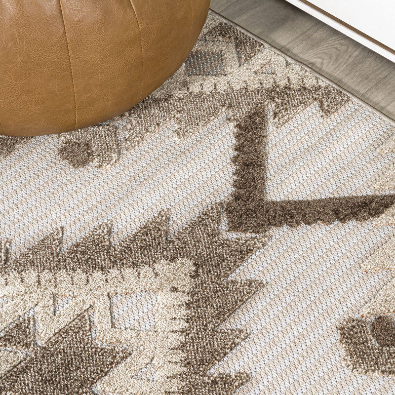 Aydon High-Low Pile Neutral Diamond Kilim Brown/Ivory Indoor/Outdoor Rug, Rectangle 7'9" x 10'