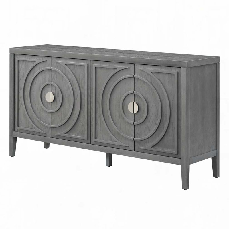Wood Console Table with  Circular Groove Design Round Metal Door Handle, Gray