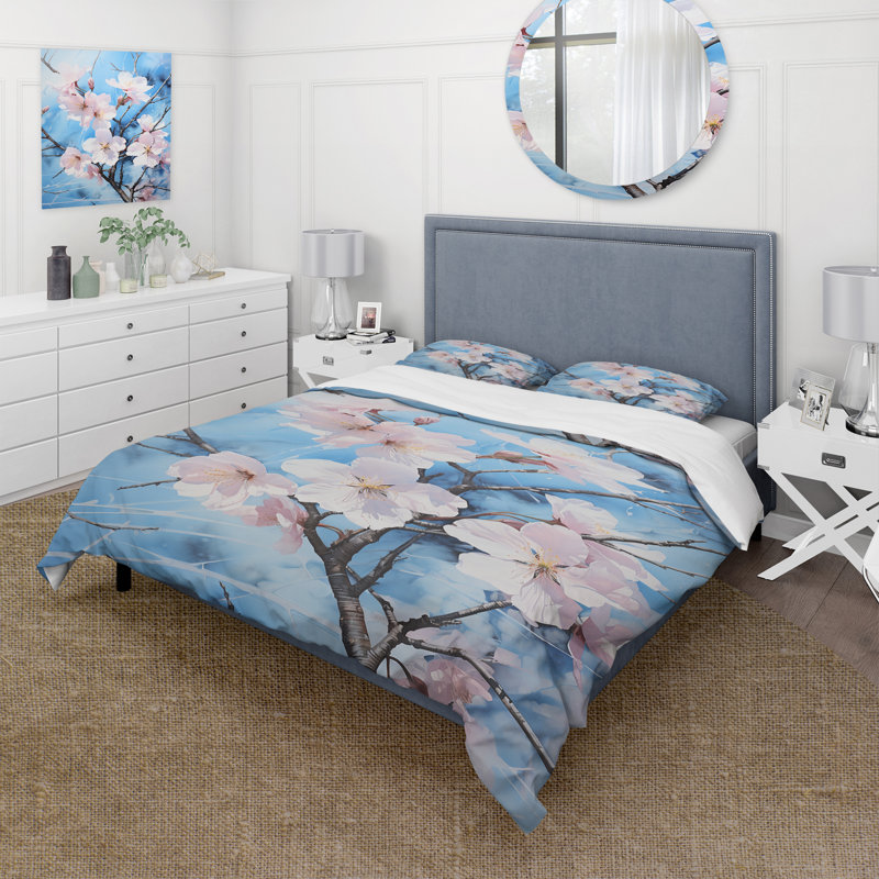 Ensemble de housse de couette blanc et bleu Cherry Blossoms Flow III - Tree Cherry Blossom