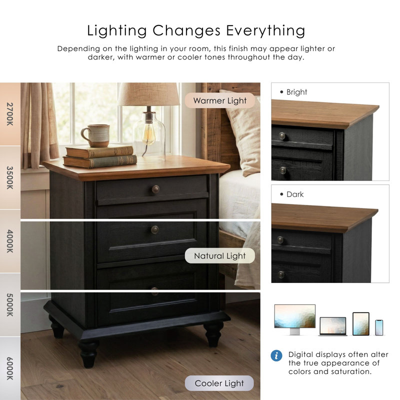 Roscoe 3-Drawer Wood Nightstand, Brown and Black