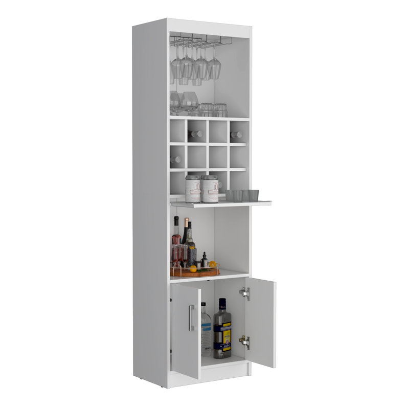 Kevil 71-Inch Tall Bar Cabinet 5-Tier Modern Bar Cabinet with Glass Holder Stemware Rack, Wine Cabinet, Liquor Cabinet, 12 Bottle Cubbies, 5 Shelves, and Pull Out Tray