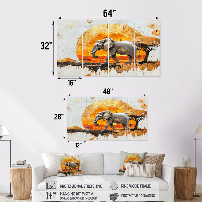 Elephants At Sunset Whisper Of The Wild II - Elephant Animal Wall Art - Modern Wall Art Decor, 28" H x 48" W