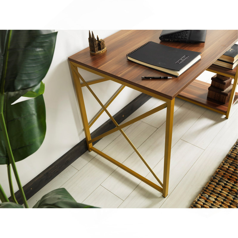 Computer Desk, 28" H x 25" W x 47" D, Walnut/Golden
