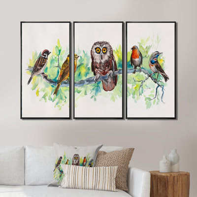 «Owl on a Branch with Bird Friends», 3 pièces, cadre flottant, impression sur toile