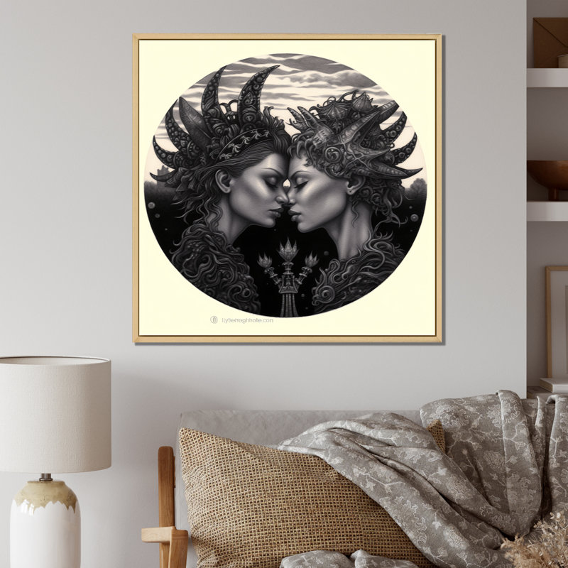 Reproduction sur toile d'un couple de femmes célébrant l'amour divin, Cadre naturel flottant, H 36 po x l 36 po x P 1,5 po