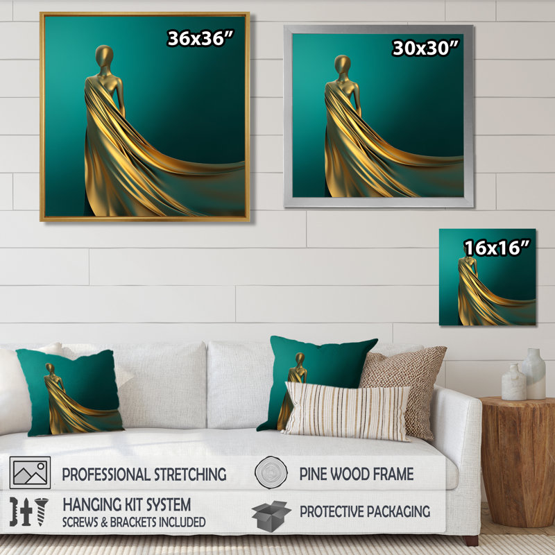 Femme dorée avec une robe dorée sur fond bleu sarcelle - femme moderne, Toile tendue, H 30 po x l 30 po x P 1 po