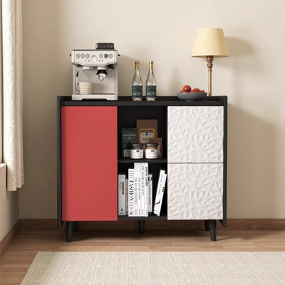 Armoire décorative moderne en noir avec portes rouges et tablette de rangement pour le buffet du salon